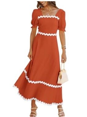 BTFBM Square Neck Short Puff Sleeve Smocked Back RickRack Trim Dress- Brick Red